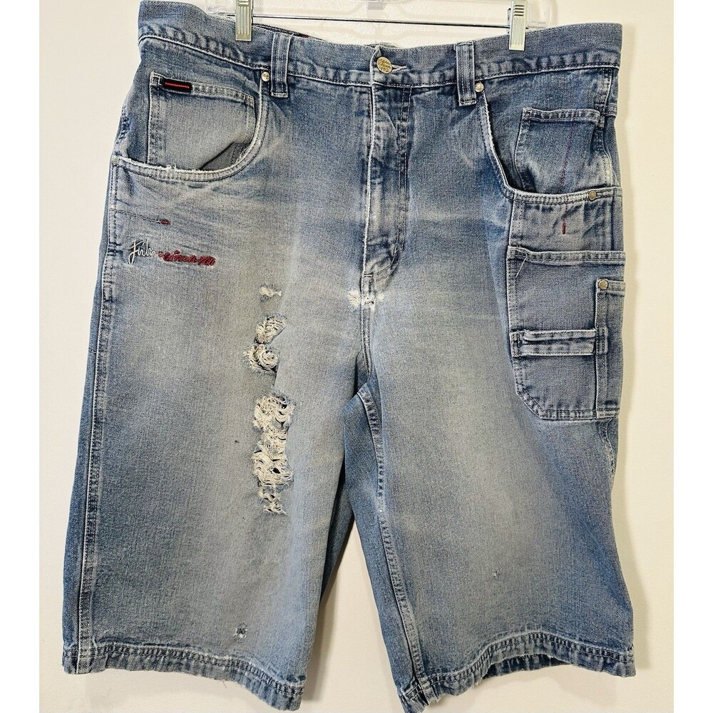 FUBU The Collection Mens Denim Carpenter Shorts W40 Blue Distressed Y2K Hip Hop